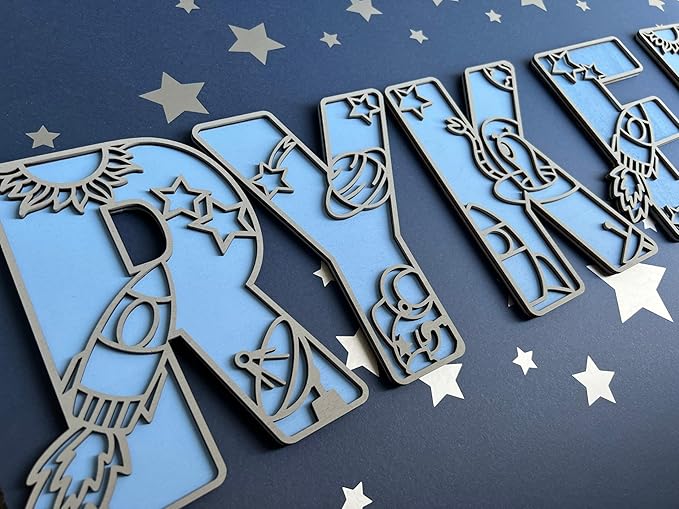 Name Sign For Nursery, Boho Nursery Sign, Family Name Signs, 3D Wall Art for Children & Kids Rooms, Baby Shower, First birthday gift (Space)