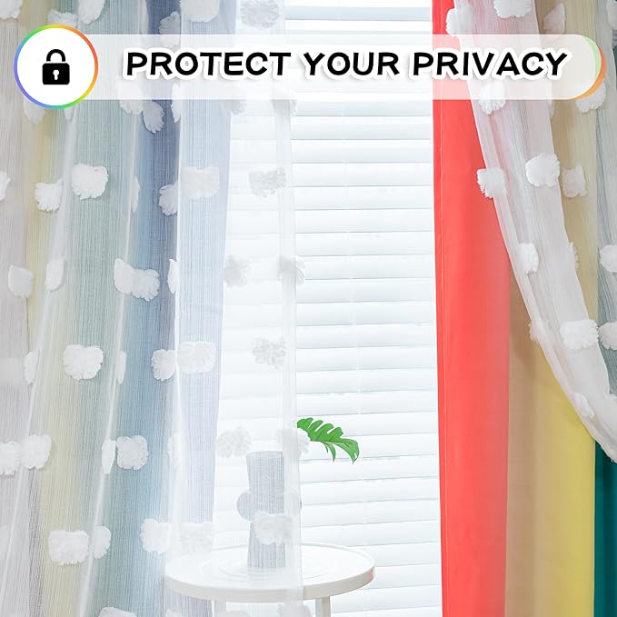 MYSKY HOME Rainbow Curtains for Boys Bedroom Kids Curtains Pom Pom White Sheer Window Curtains Double Layer Solid Nursery Curtains 84 Inches Length Room Darkening Grommet 2 Panels, W52 X L84