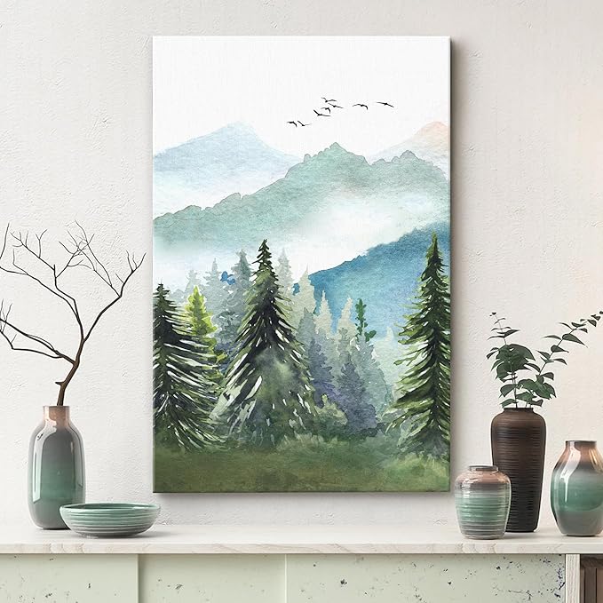 SIGNWIN Canvas Print Wall Art Watercolor Green Forest Tree Mountain Range Nature Landscape Prints Modern Art Woodland Nursery Decor for Living Room, Bedroom, Office - 16"x24"