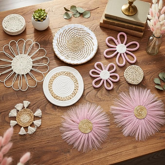 Chunful 9 Pcs Boho Nursery Wall Decor Daisy Flower Woven Macrame Seagrass Rattan Basket Wall Hanging Bohemian Decorations Gifts for Home Dorm Art Farmhouse Bedrooms Living Room(White Pink)