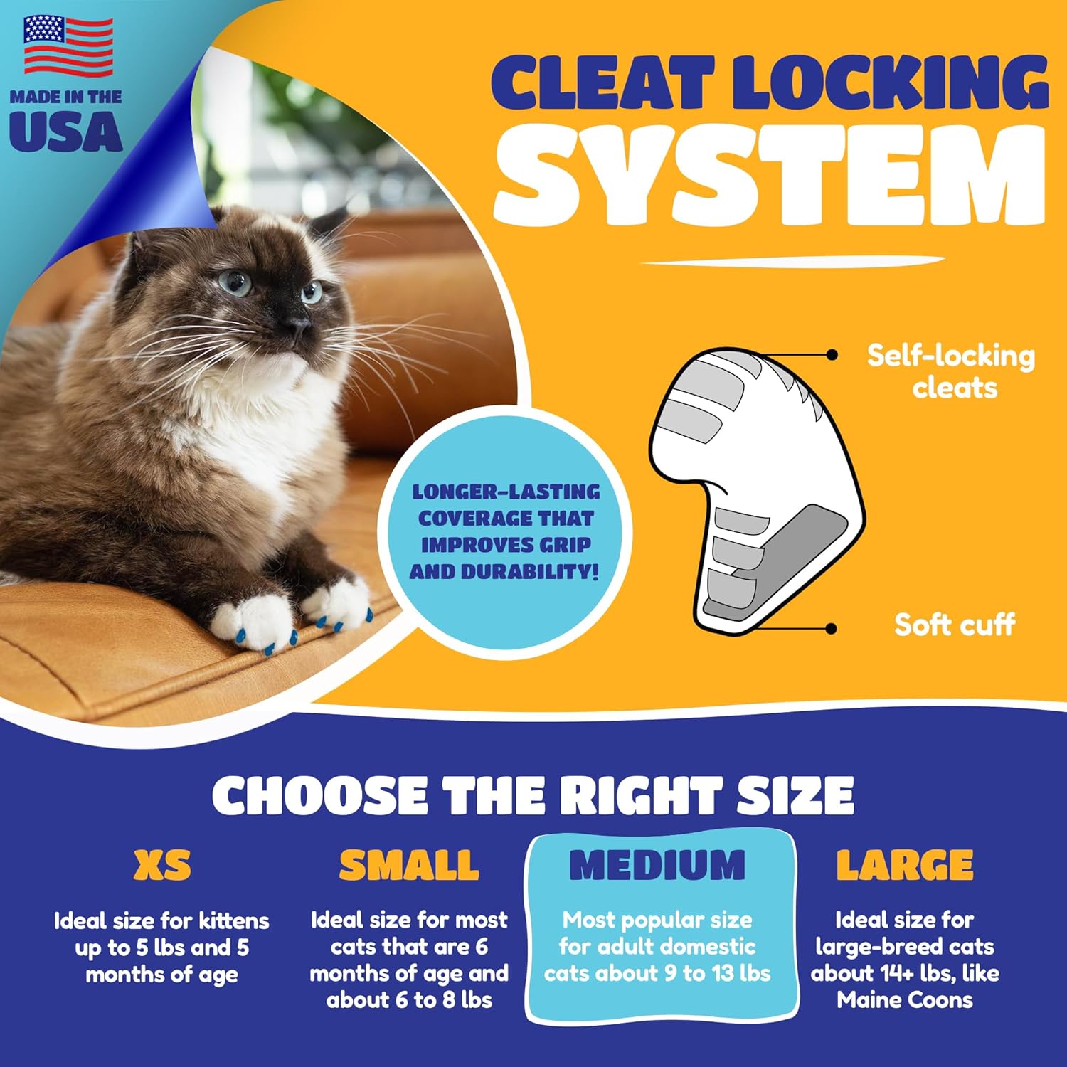 Soft Claws Cat Nail Caps for Large Cats – (40 Caps, Blue) - Made in USA - Veterinarian-Developed | Protects Furniture & Skin - Easy to Apply, Long-Lasting Anti-Scratch Soft Cat Claw Covers.