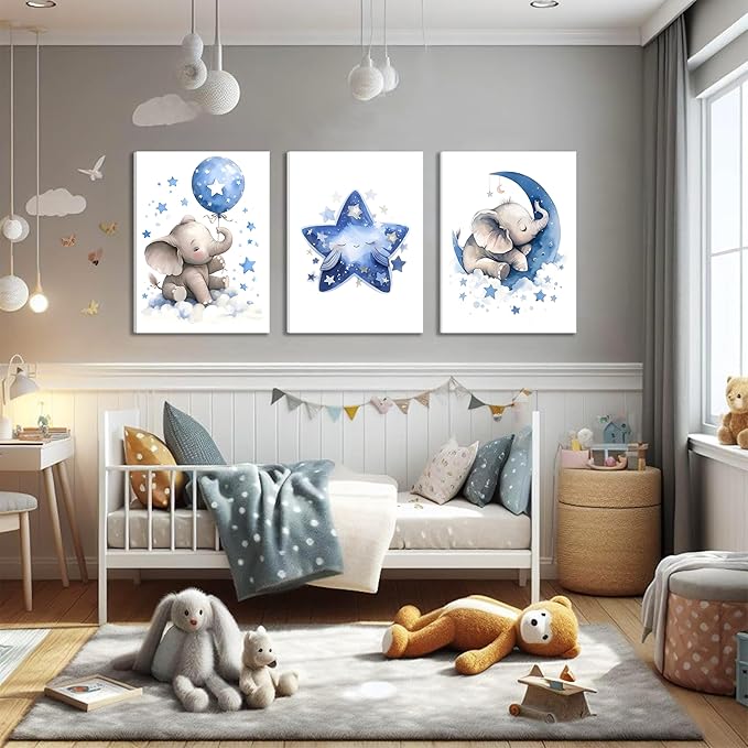 Baby Boy Nursery Canvas Wall Art Set of 3, Blue Elephant Moon and Stars Picture Wall Decor Painting, Cute Animal Baby Girl Nursery Posters Prints for Kids Room Bedroom 16x24 In Framed