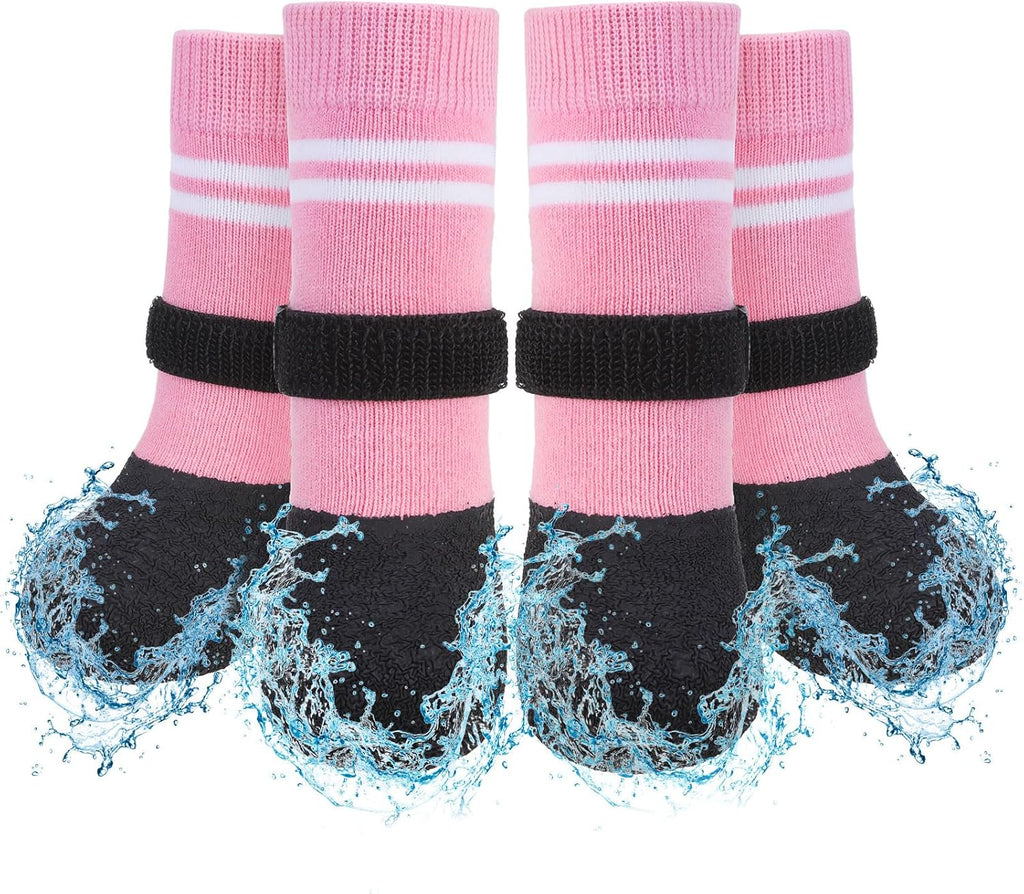 SCENEREAL Anti Slip Dog Boots & Paw Protectors for Hardwood Floor, Extended Dog Socks to Prevent Licking Paws, Waterproof Pet Snow Rain Shoe for Winter Large Senior Dogs, Pink XL