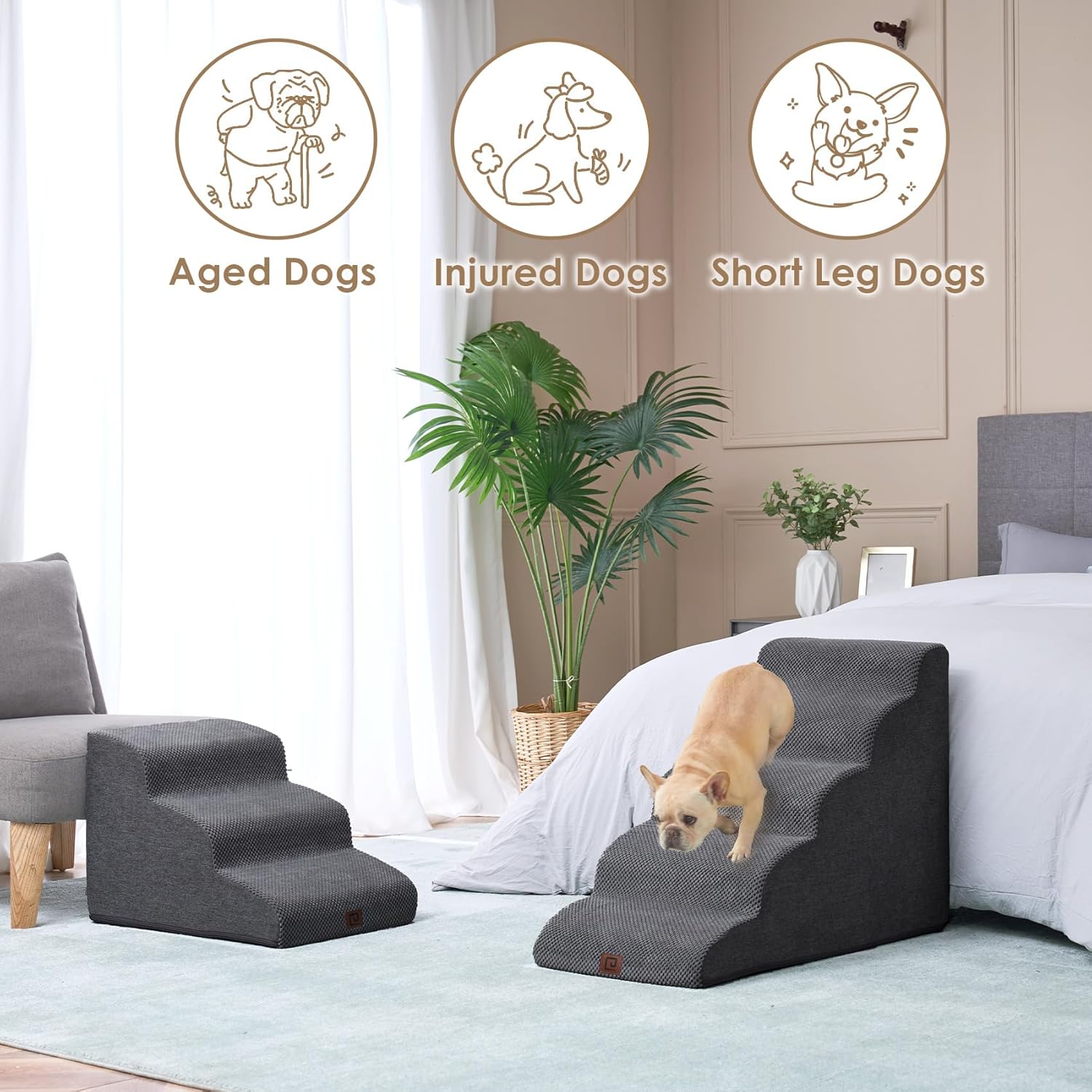 EHEYCIGA Curved Dog Stairs Ramp for High Beds 22.6" H, 5-Step Dog Steps for Small Dogs and Cats, Pet Stairs for High Bed Climbing, Non-Slip Balanced Pet Step Indoor, Grey