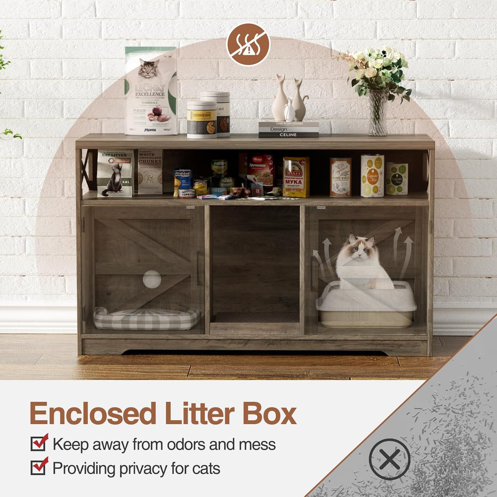 Cat Litter Box Enclosure for 2 Cats, 47" Double Hidden Litter Box Furniture with Scratch Pad, Farmhouse Indoor Litter Box Cabinet Cat Washroom, Grey