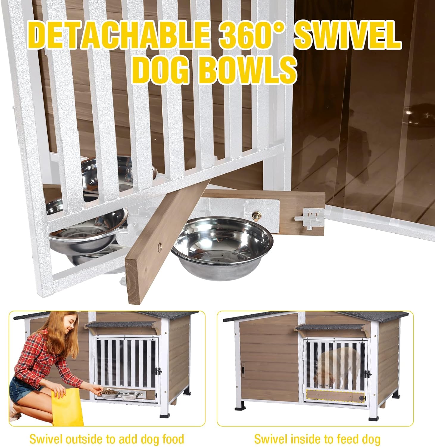 Chew-Resistant Dog House with Metal Frame, Wooden Kennel for Indoor & Outdoor Use, Waterproof Roof & Feeding Bowls Included (Brown, L)