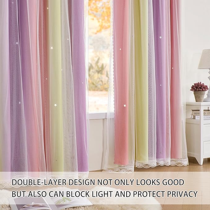 XiDi Pink Yellow Purple 90 Inches Curtains for Girls Bedroom 2 Panels Set, Blackout Rainbow Curtains for Kids Room Decor, Unicorn Wall Decals Drapes for Little Girl Nursery Room 34 Inches Wide