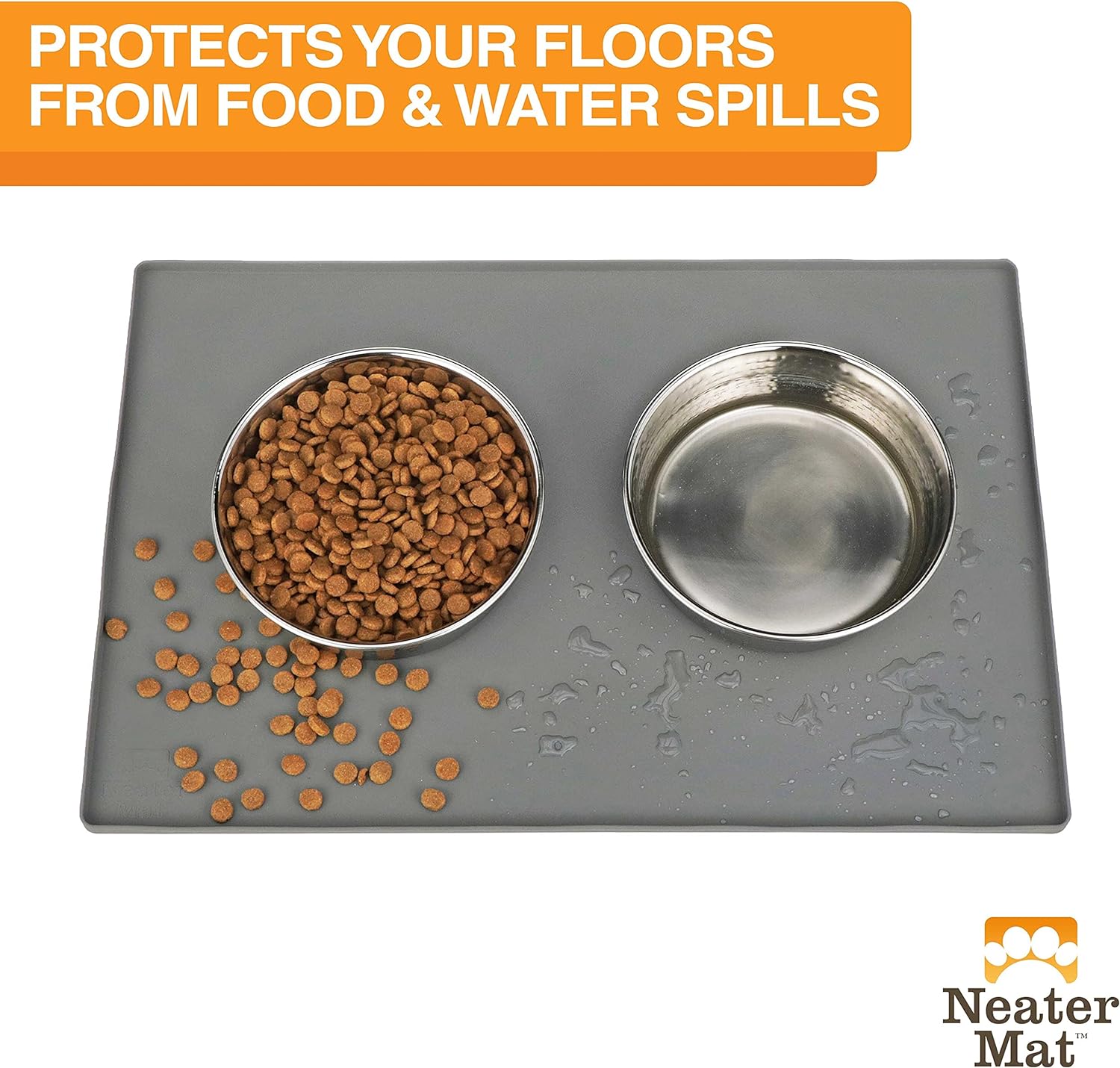Neater Pet Brands Neater Mat Pet Mats for Food and Water, Cat & Dog Bowl Mat Waterproof Silicone, Feeding Tray, Dog Food Mats for Floors, Placemat w/Raised Edge for Under Bowls, 24" x 16", Grey