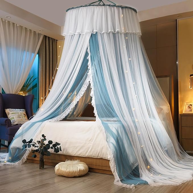 AIKASY Princess Bed Canopy for Girls & Adults, Elegant Double-Layer Bed Curtain, Children's Dream Round Lace Mosquito Net - Fits Twin, Full, Queen, and King Beds(Blue/White)