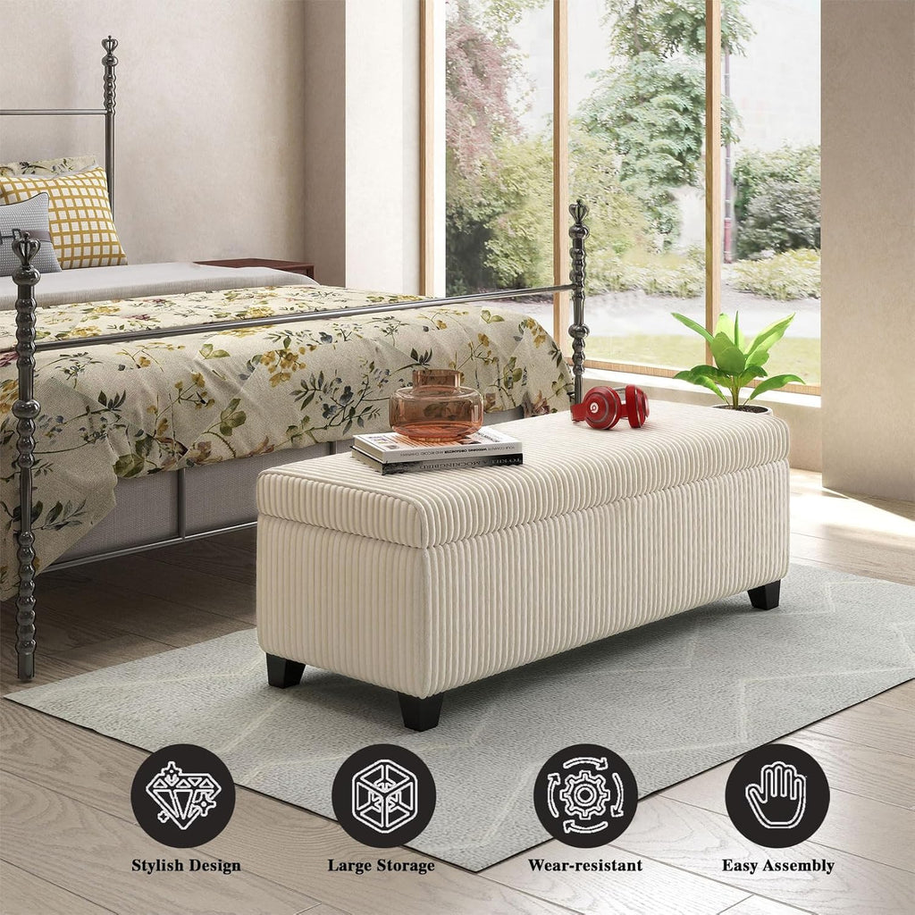 48" Ottoman with Storage, Corduroy Storage Ottoman Bench for Bedroom, End of Bed Bench with Safety Hinge for Living Room, Bedroom, Entryway, White