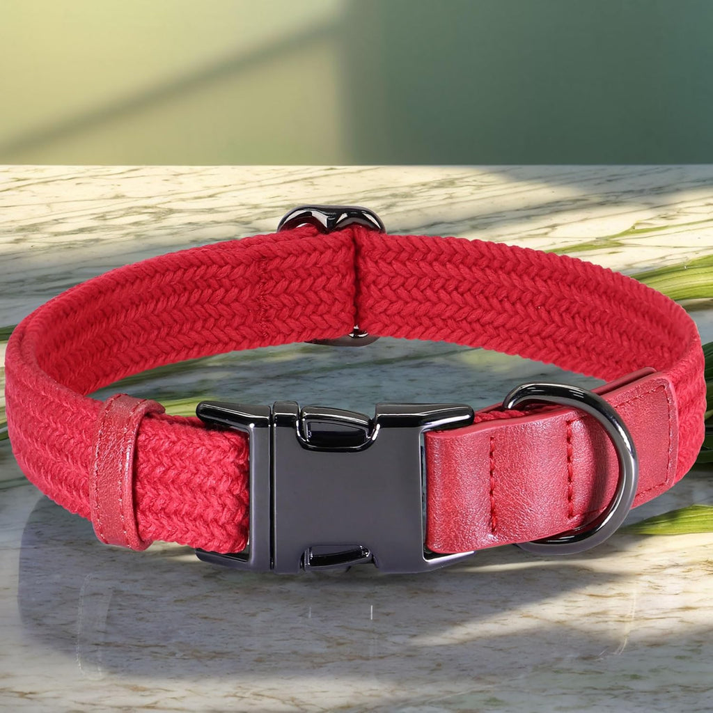 PET ARTIST Soft Cotton Dog Collar for Small Dogs in Glamorous Red, Simple Dog Collar with Quick Release Metal Buckle & D Ring, S Size (10-16")