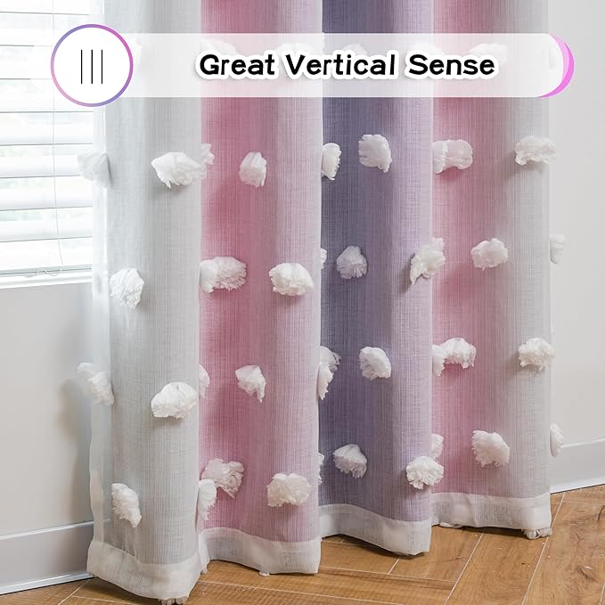 MYSKY HOME Pink Curtains 95 Inch Purple Curtains for Toddler Bedroom White Sheer Pom Pom Double Layer Blackout Curtains for Kids Grommet Room Darkening Curtains for Sliding Door 2 Panels 52 x 95 in
