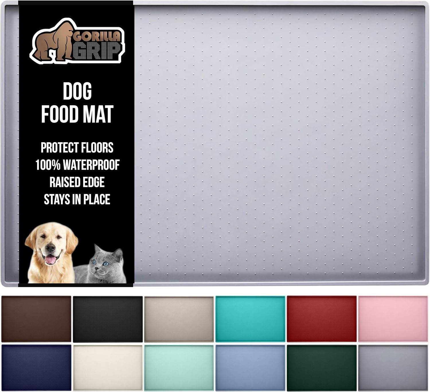 GORILLA GRIP 100% Waterproof Raised Edge BPA Free Silicone Pet Feeding Mat, Dog Cat Food Mats Contain Spills Protects Floors, Placemats for Cats, Dogs Water Bowl, Pets Accessories 16x10, Light Gray