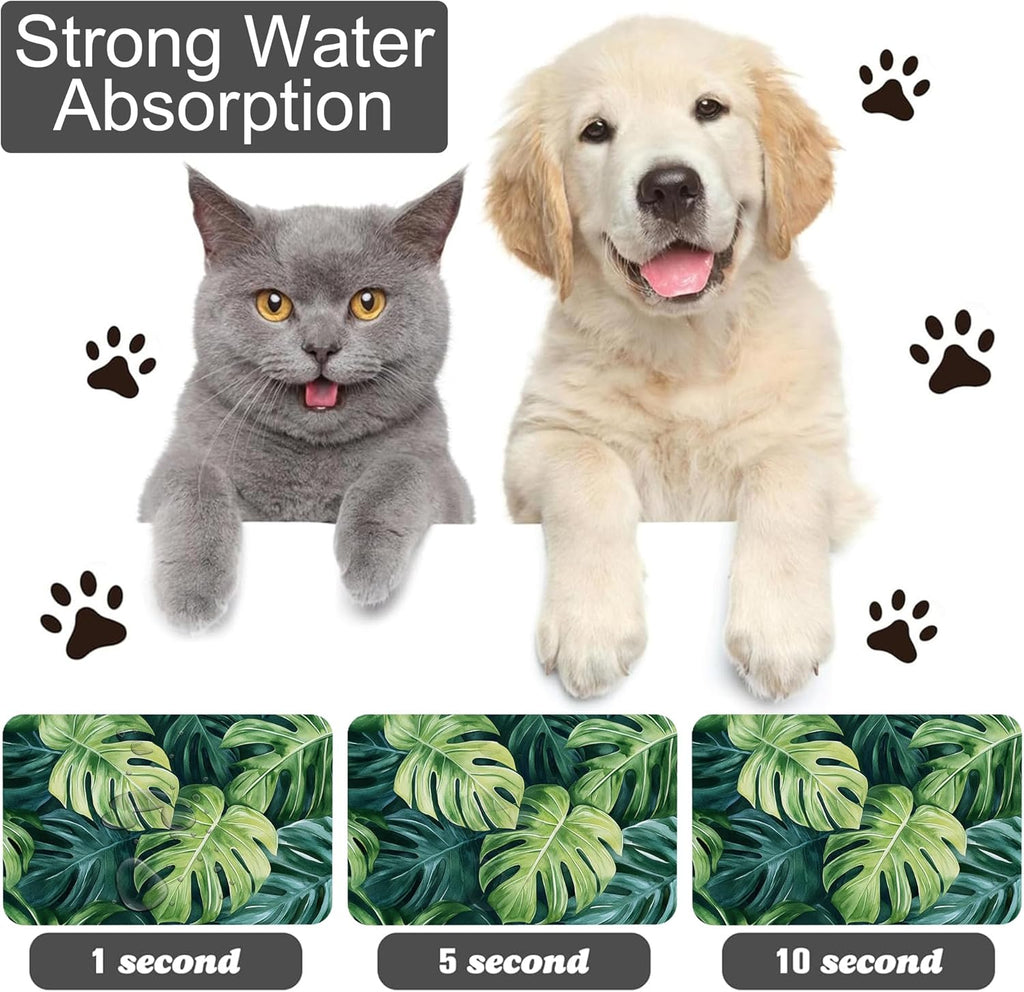 Tropical Palm Leaves Pet Feeding Mat-Quick Dry Absorbent Dog Cat Food Mat, Anti-Slip Water Bowl Mats for Messy Eaters-No Stains Indoor Pet Accessories 12"x20"