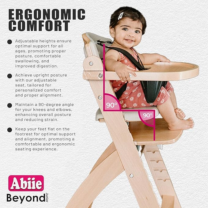Abiie Beyond Junior Wooden High Chair with Tray - Adjustable and Convertible High Chair for Babies and Toddlers - 6 Months to 250 Lb - Water Resistant - Natural Wood with Lilac Cushion