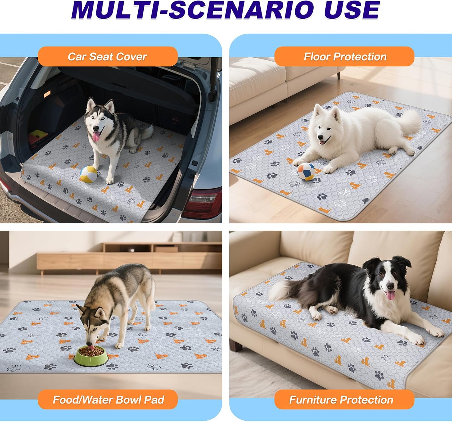 Washable Pee Pads for Dogs, 2 Pack Absorbent Reusable Training Dog Pads Pet Puppy Pads, Non-Slip Potty Pads for Whelping, Playpen, Crate, Bed, Orange, 24"x48"