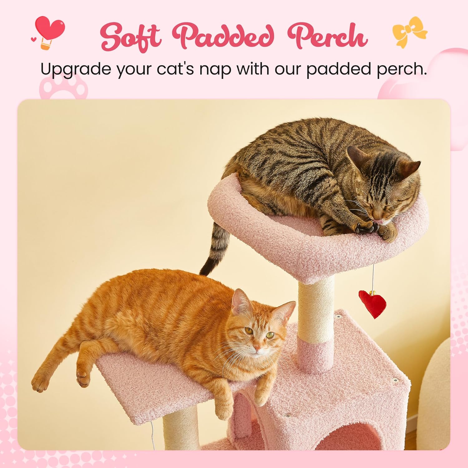 MWPO Cute Cat Tree, 63.8-Inch Pink Cat Tower for Indoor Cats, Multi-Level Cat Condo with 5 Scratching Posts, 2 Perches, Hammock, Dangling Toys