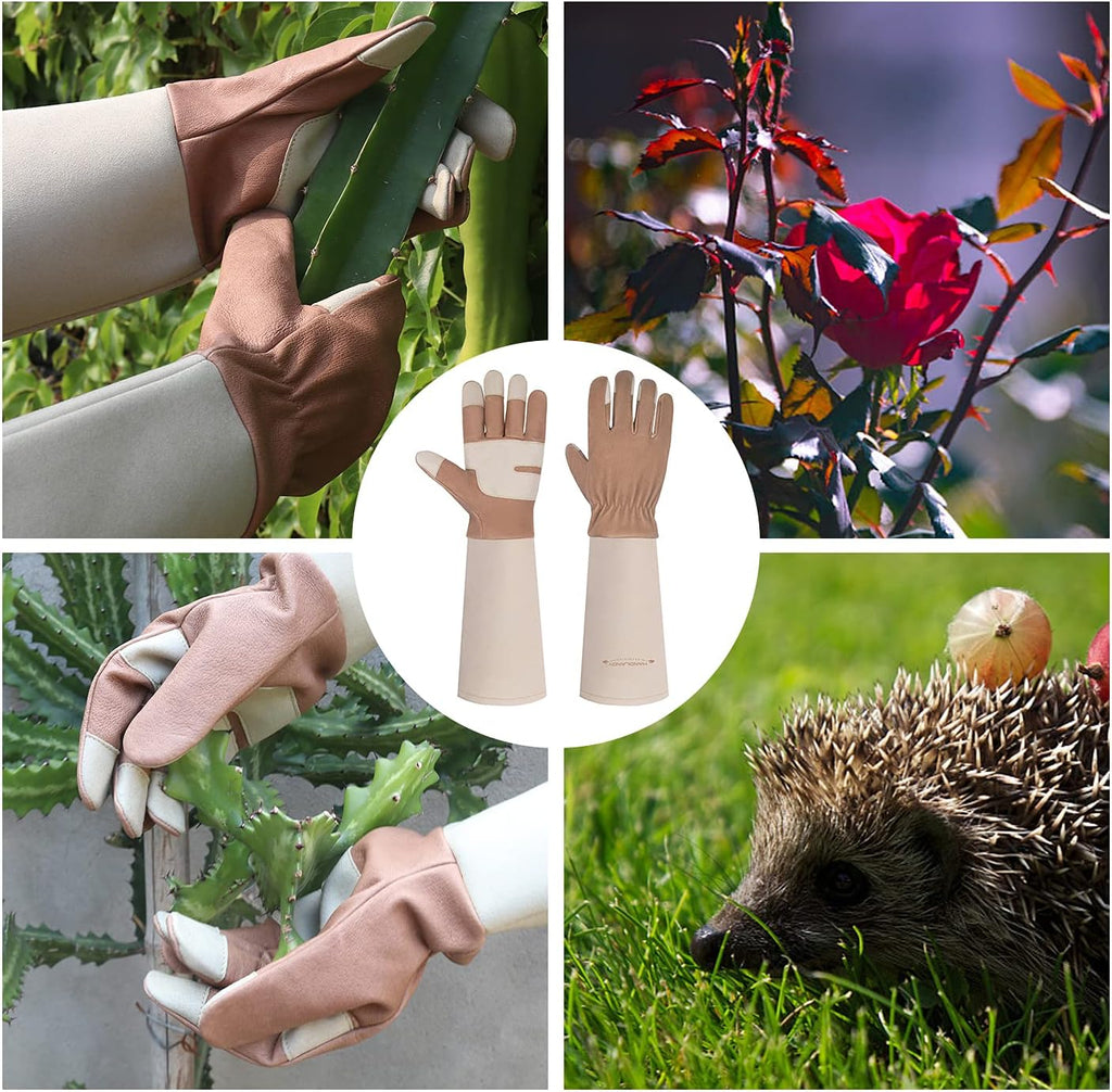 HANDLANDY Long Gardening Gloves for Men & Women, Thorn Proof Rose Pruning Gloves Leather Gauntlets Garden Glove Yard Work Glove (Large, Brown)