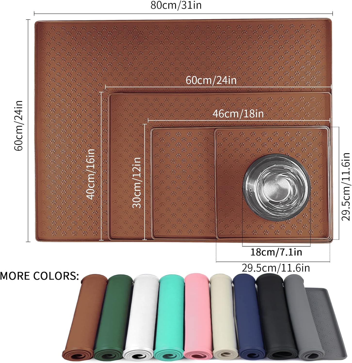 Ptlom Pet Placemat for Dog and Cat, Waterproof Silicone Pet Feeding Bowl Mats for Food and Water, Small Medium Large Dogs Mat Prevent Residues from Spilling to Floor, Brown, 18" 12"