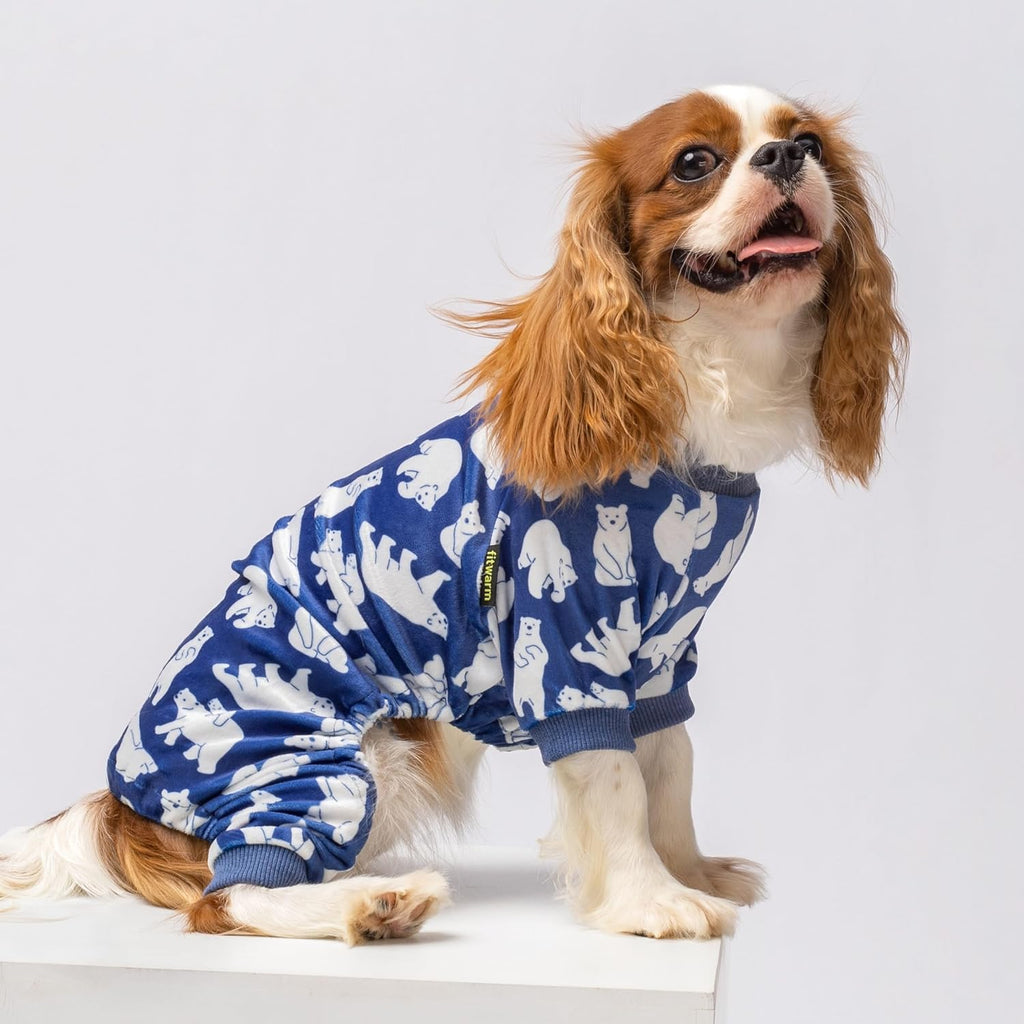 Fitwarm Polar Bear Dog Pajamas, Dog Clothes for Small Dogs Girl Boy, Pet Onesie with Feet, Cat Outfit, Lightweight Velvet, Royal Blue, White, Medium