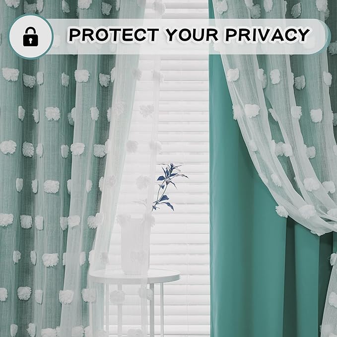 MYSKY HOME Teal Curtains for Kids Room Nursery Curtains 72 Inches Long for Girls Bedroom Double Layer Curtains White Pom Pom Sheer Curtains for Dining Room Grommet Room Darkening Panels W52 X L72