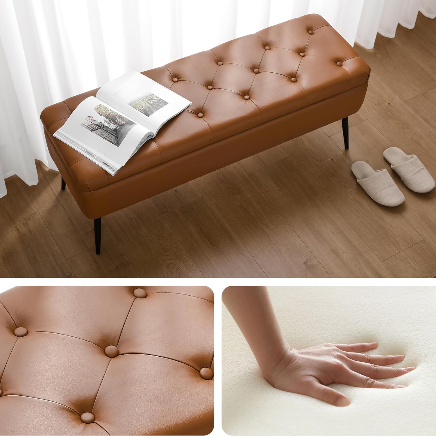 Leather Storage Ottoman Bench,End of Bed Bench for Living Room Bedroom Dinning Room Entryway,Mid-Century Modern,Faux Leather,with Steel Legs,Safety Hinges, Loads 660 lb (with Button, Brown)