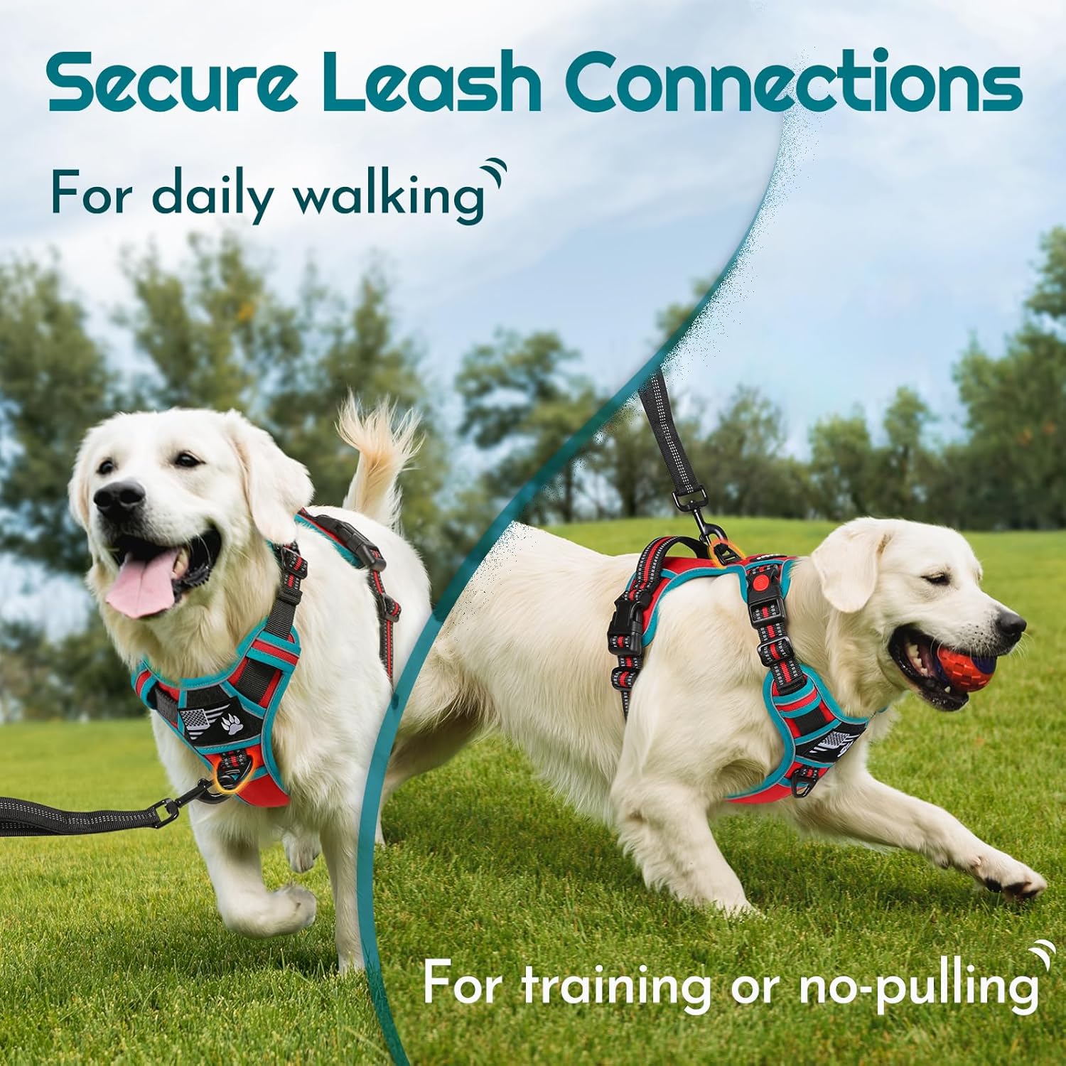 Eagloo Dog Harness for Large Dogs, Easy Wearing with 3 Buckles, Adjustable No Pull Pet Harness with 2 Rings for Walking, No Chock Reflective Soft Padded Vest with Control Handle, Red & Teal, L