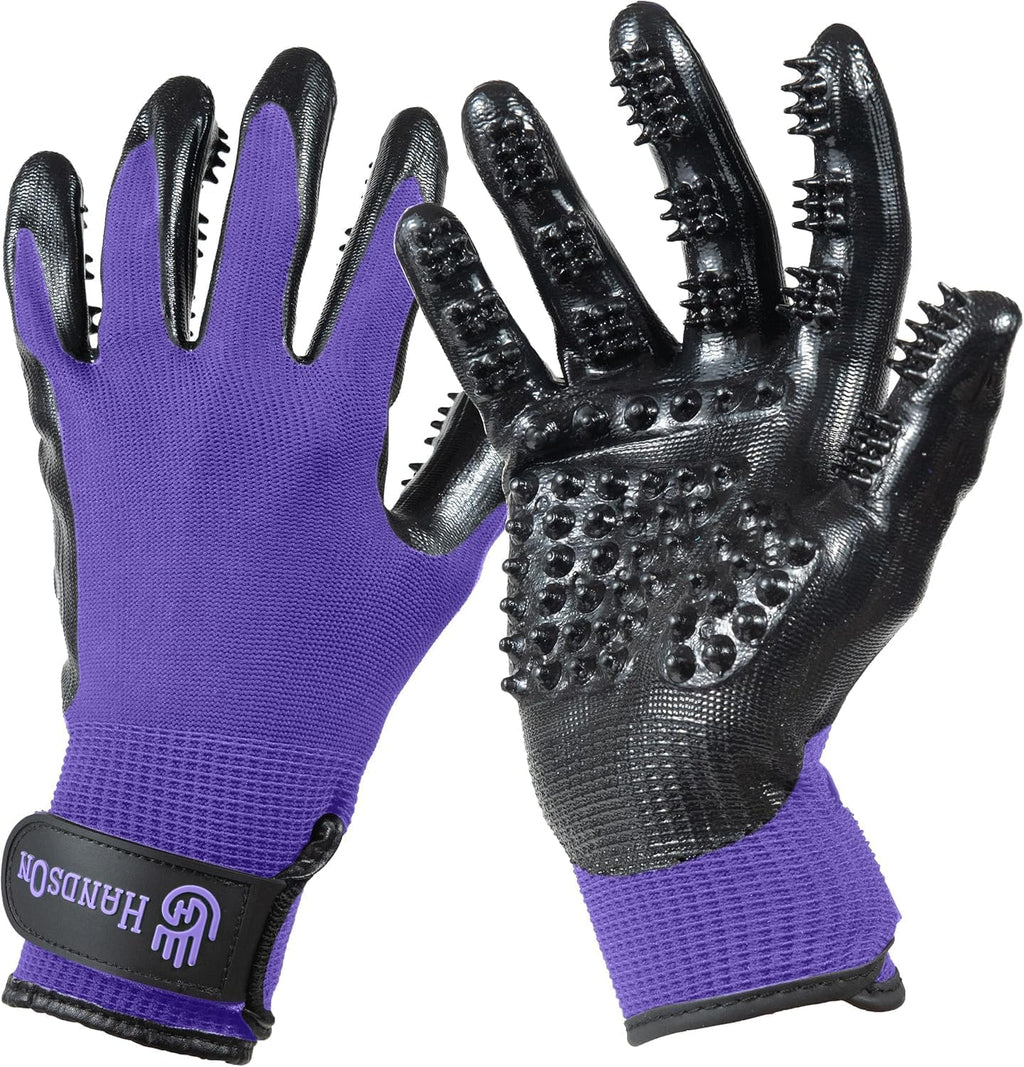 H Handson Pet Grooming Gloves - Cat, Dog, Horse Gentle Hair Remover Brush - Mitt For Long & Short Haired Fur - Shedding, Bathing & Massaging Glove (Purple, Small)