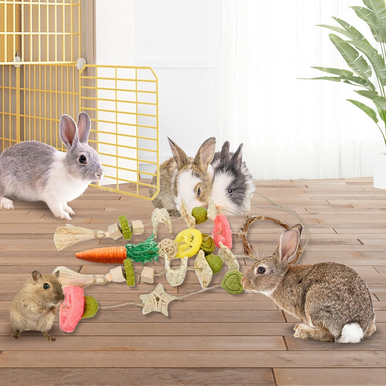 Rabbit Chew Toys Bunny Cage Hanging Toy and Treats Rattan Ring with Snacks for Rodent Pets Teeth Healthy
