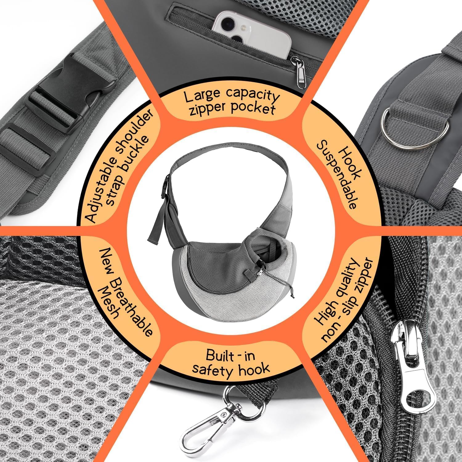YUDODO Pet Sling Carrier for Small Dogs & Cats – Hands-Free Puppy Carrier with Safety Hook, Large Zipper Pocket, Soft Breathable Mesh, Adjustable Strap & Reflective Strip (Gray 1.0 M)