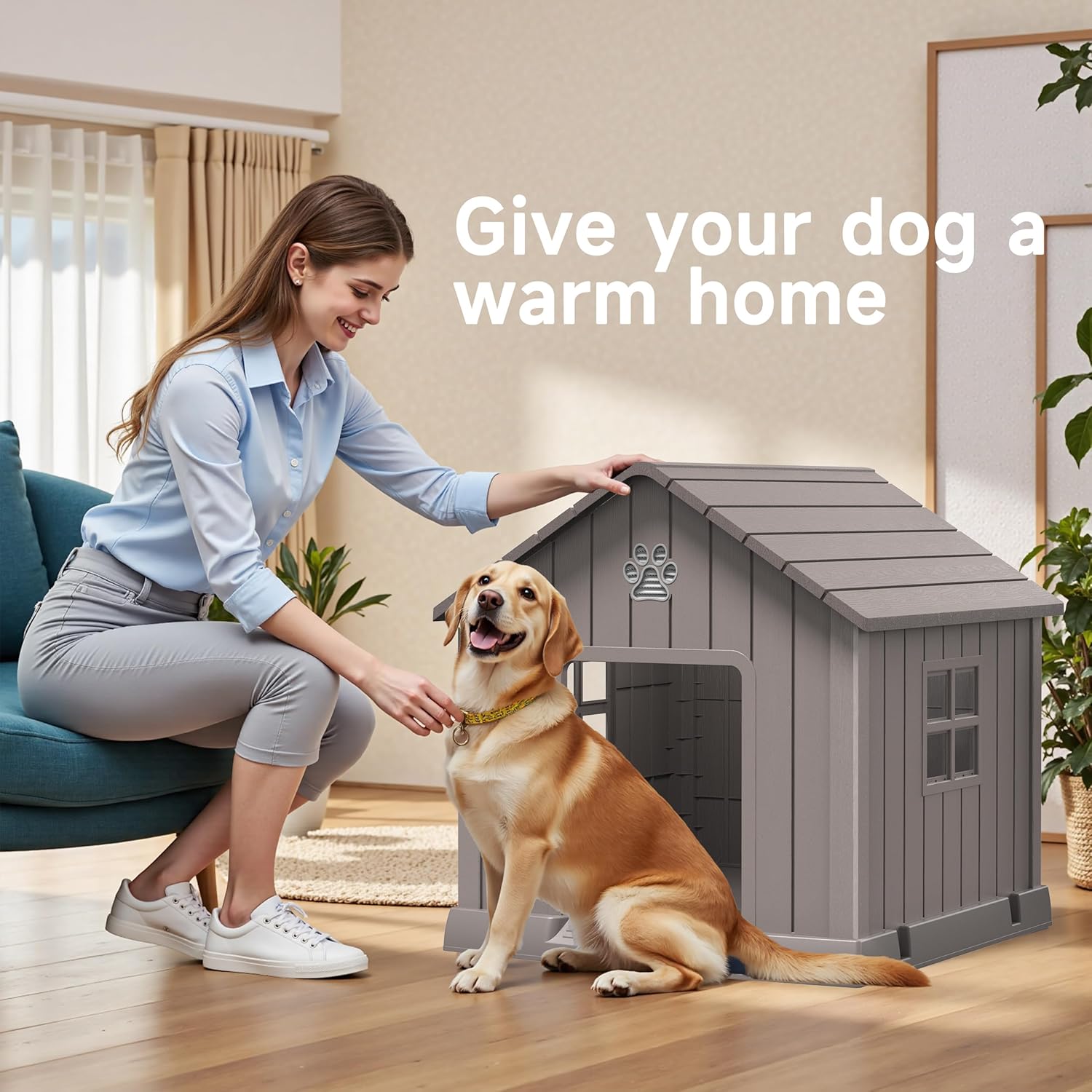 DRATO Dog House Indoor Outdoor for Small to Large Sized Dogs Indoor Outdoor Doghouse Puppy Shelter with Elevated Floor, Easy to Assemble (Light Brown, 38Inch(37.8 * 40.87 * 38.82))