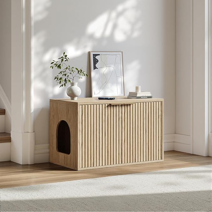 Evermagin 31.5" Oak Cat Litter Box Enclosure Furniture, Large Hidden Litter Box - Image 7