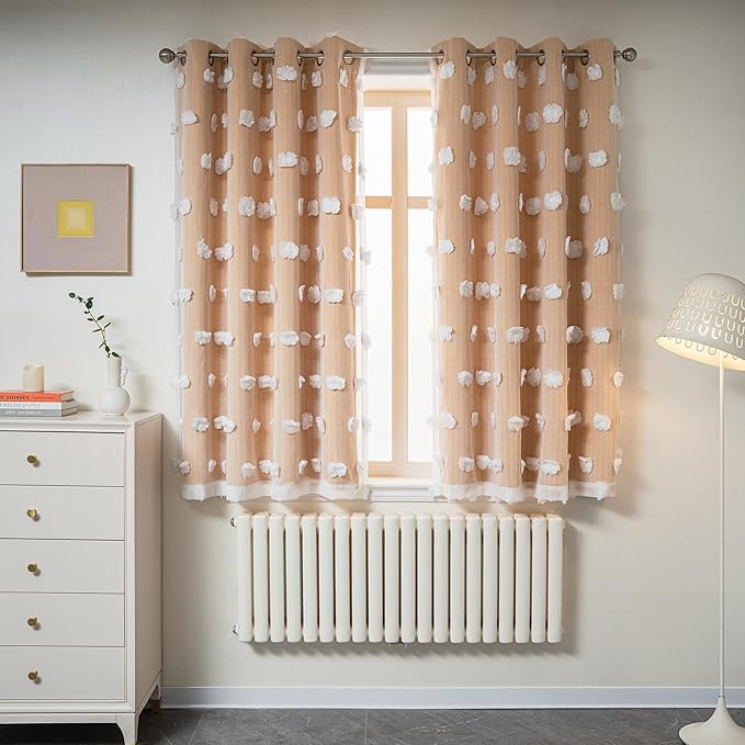 MYSKY HOME Yellow Curtains for Bedroom 54 Inch Long Double Layer Curtains for Kids Room Kithen White Pom Pom Sheer Nursery Curtains Grommet Room Darkening Small Window Curtains 2 Panels 52" x 54"