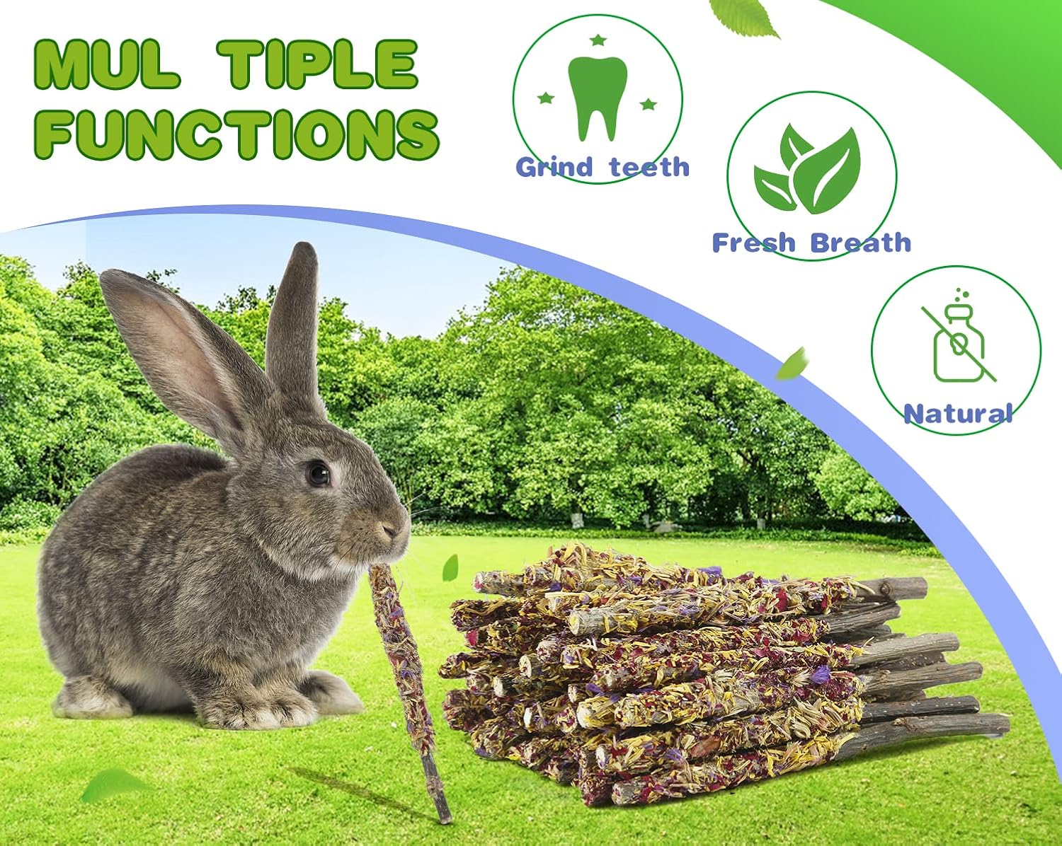 Abizoo Bunny Chew Toys for Rabbits,18PCS Natural Apple Wood Sticks with Petals Good for Chinchillas Guinea Pig Hamster Teeth Care, Bunny Small Pet Treats Teething Toys| Natural Organic Safe