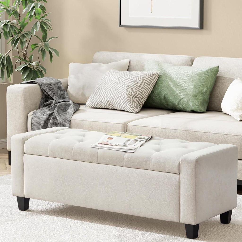 Ottoman with Storage, 48.8" Fabric Storage Ottoman Bench with Hinge, Bedroom Bench, Upholstered Benches with Seating for Living Room, Entryway (Beige)