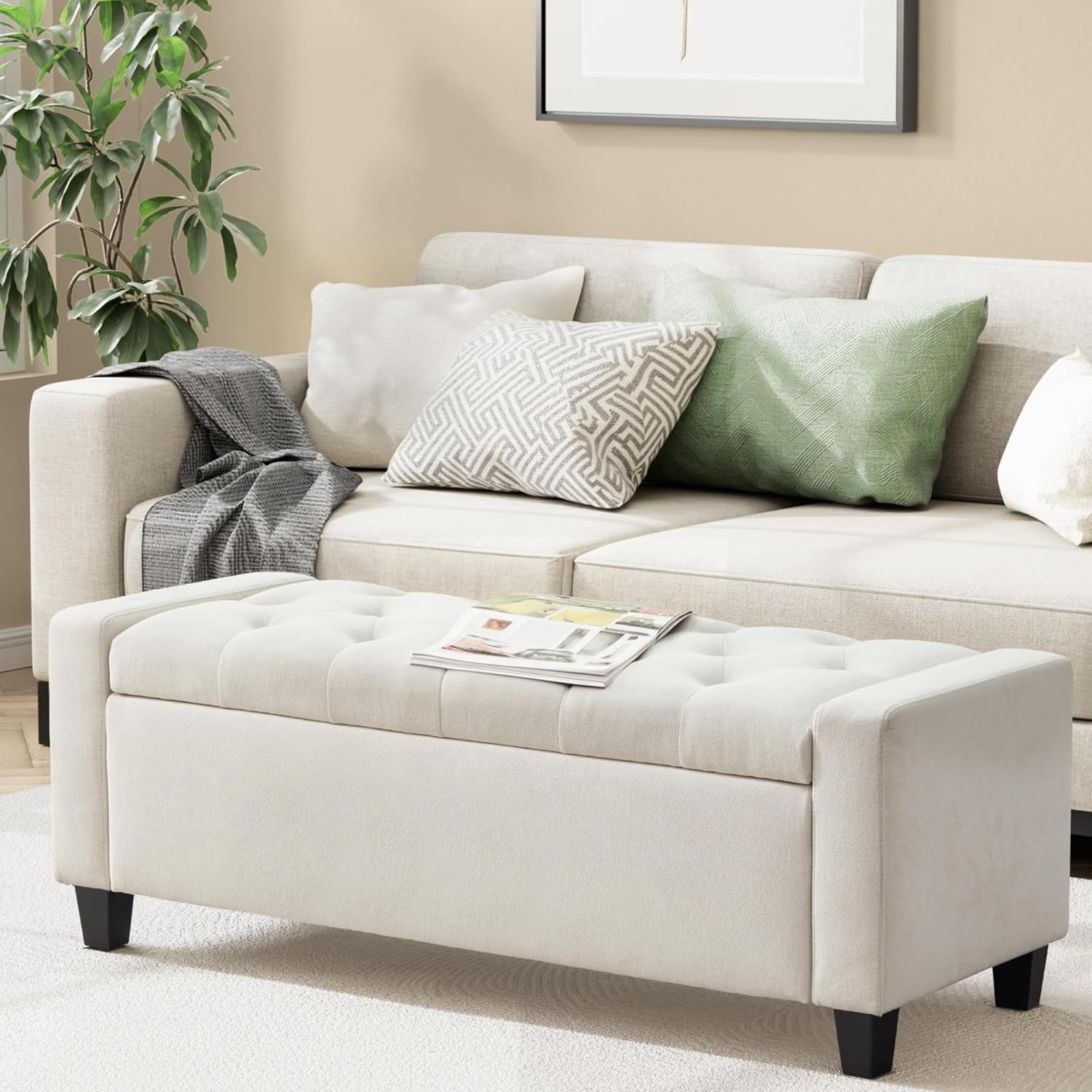 Ottoman with Storage, 48.8" Fabric Storage Ottoman Bench with Hinge, Bedroom Bench, Upholstered Benches with Seating for Living Room, Entryway (Beige)