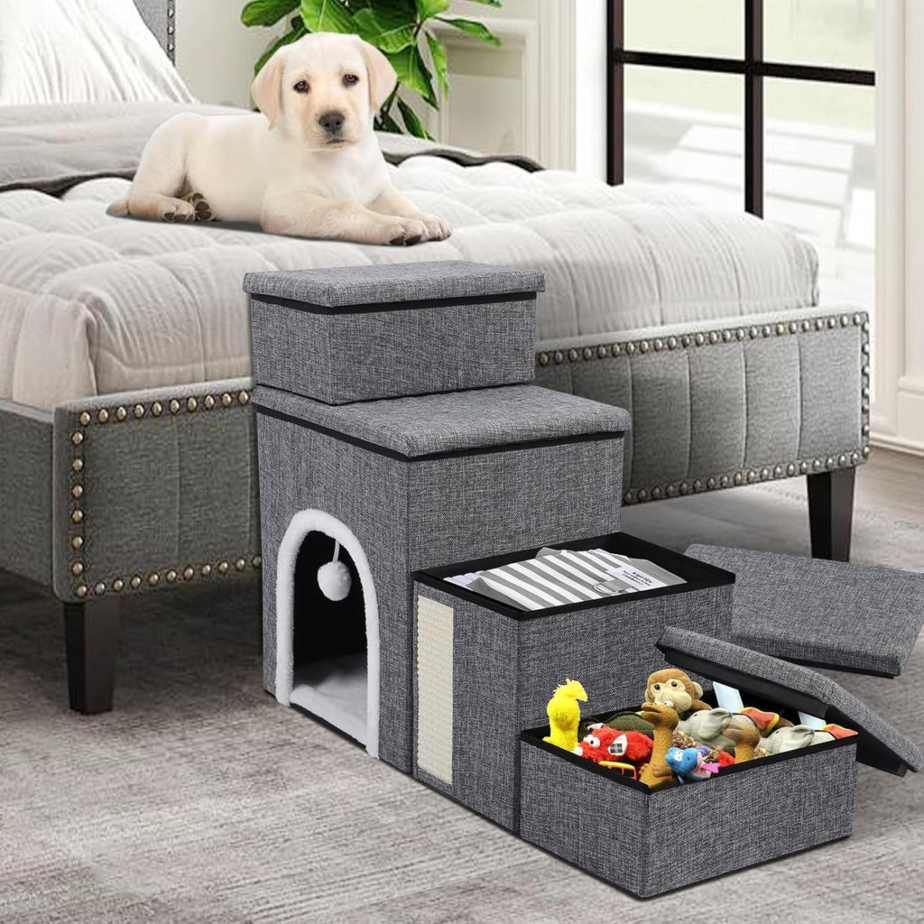 Dog Stairs for Bed and Couch 23“H, Foldable Dog Stairs for Small Older Dogs, 4 in 1 Adjustable Pet Cat Steps Ramps with Storage, Condo, Cat Scratcher, Hold Up to 180LBS, 4 Steps