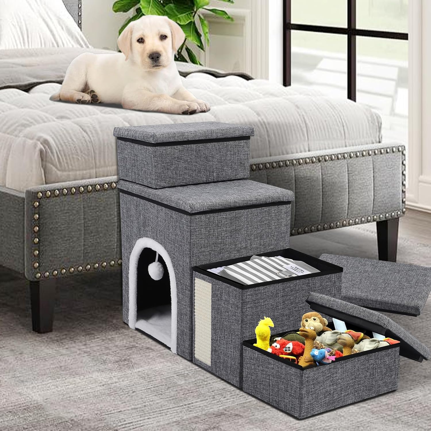 Dog Stairs for Bed and Couch 23“H, Foldable Dog Stairs for Small Older Dogs, 4 in 1 Adjustable Pet Cat Steps Ramps with Storage, Condo, Cat Scratcher, Hold Up to 180LBS, 4 Steps