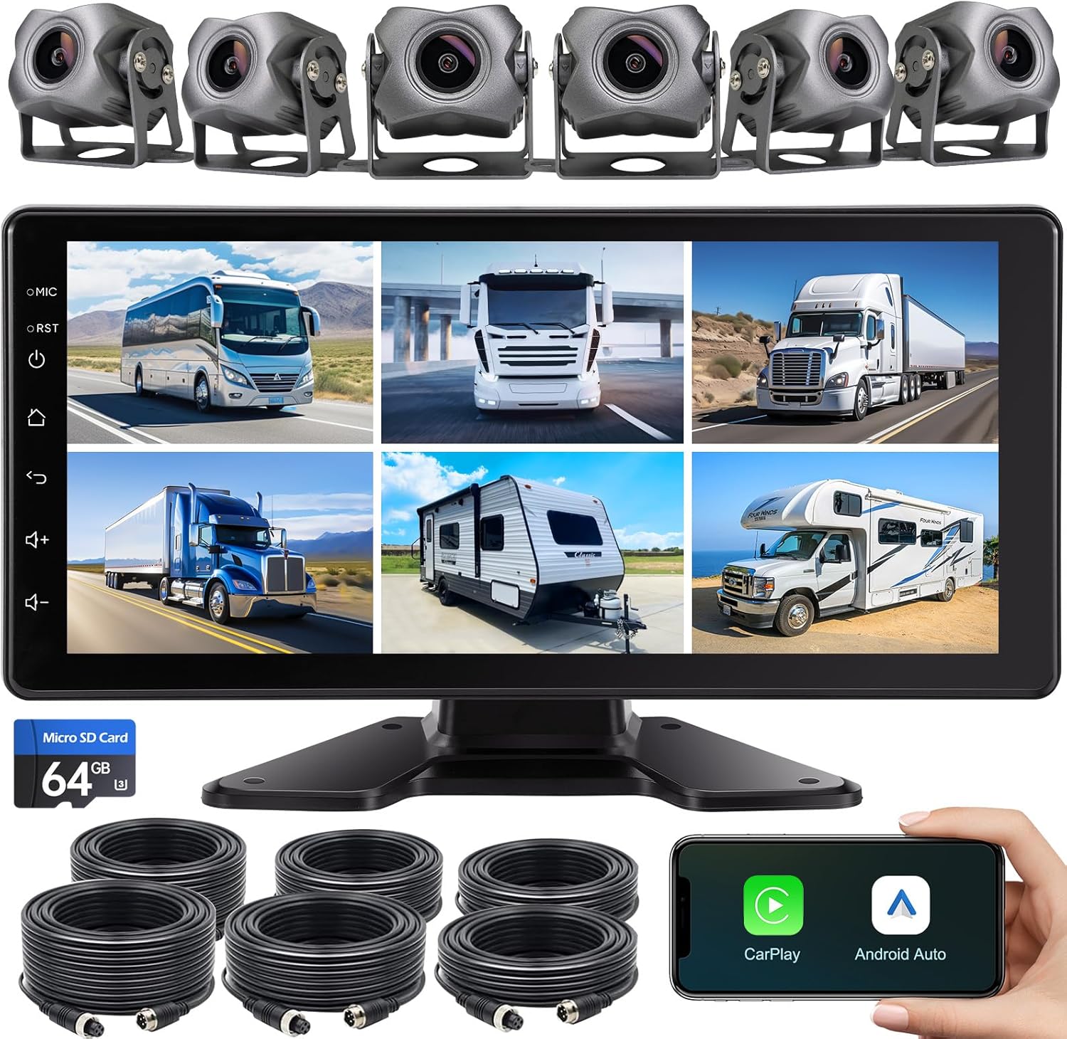 6-Channel Dash Cam 1080P Backup Camera System with 10.33 Inch Touch Parking Monitor,DVR Recording Back Up Camera for RV/Truck/Trailer/Van/SUV/Cars,Wireless Carplay/Android Auto/WiFi/Bluetooth/FM Radio