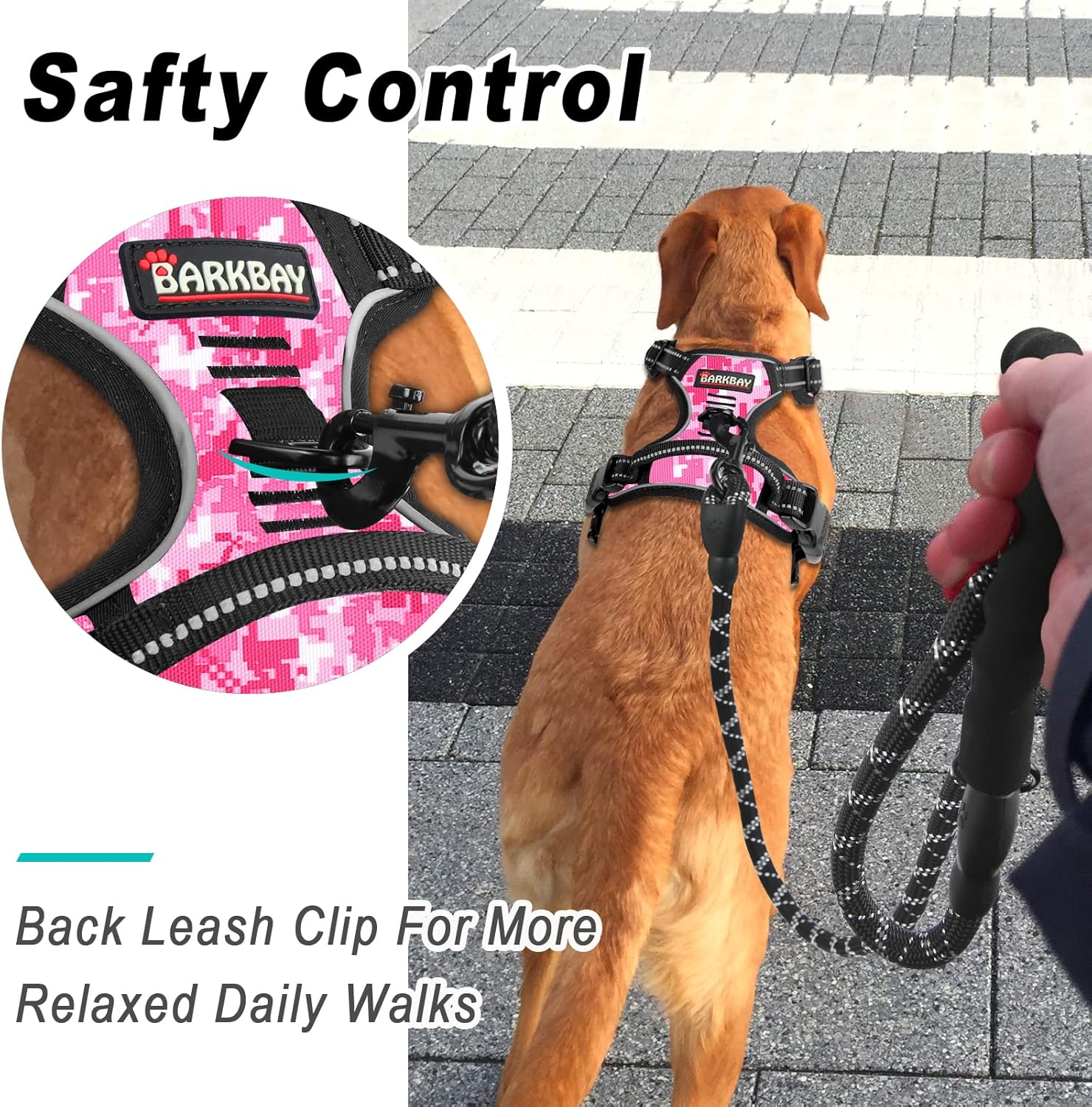 BARKBAY No Pull Dog Harness Large Step in Reflective Dog Harness with Front Clip and Easy Control Handle for Walking Training Running(Pink camo,M)