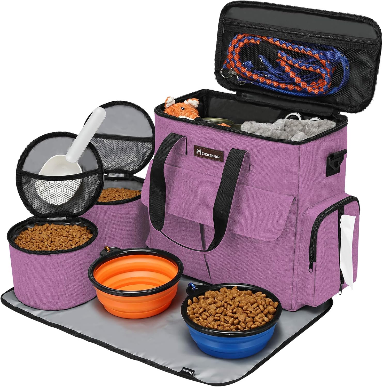 Modoker Dog Food Tote Bag, Airline Approved Pet Gear Travel Set Portable Diaper Accessories Organizer with 2 Food Storage Containers, 2 Collapsible Bowls, 1 Feeding Mat (Pink)