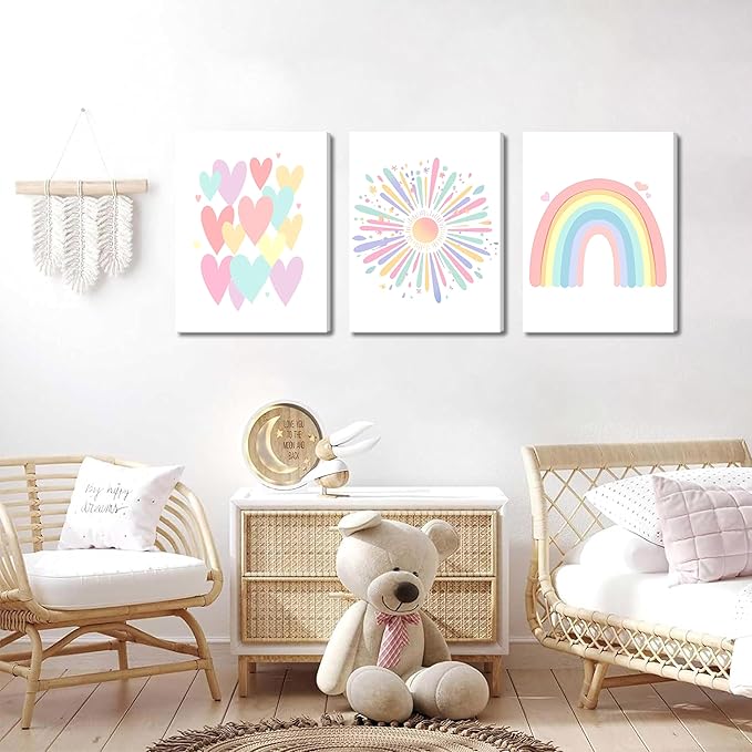 Framed Girls Rainbow Canvas Wall Art Set of 3, Colorful Boho Sun Nursery Wall Decor Painting, Kids Heart Picture Posters Prints for Classroom Kids Room Baby Room Bedroom Dorm Decor 16x24 In
