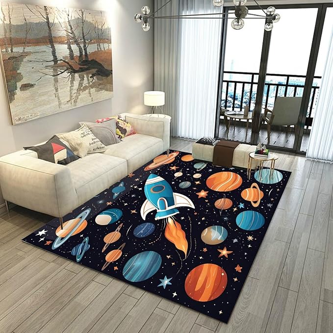 Space Rug for Kids Room Rocket Rugs Cartoon Stars Carpet Galaxy Planet Printed Throw Rugs for Boys Children Bedroom Living Room,39 in x 79 in