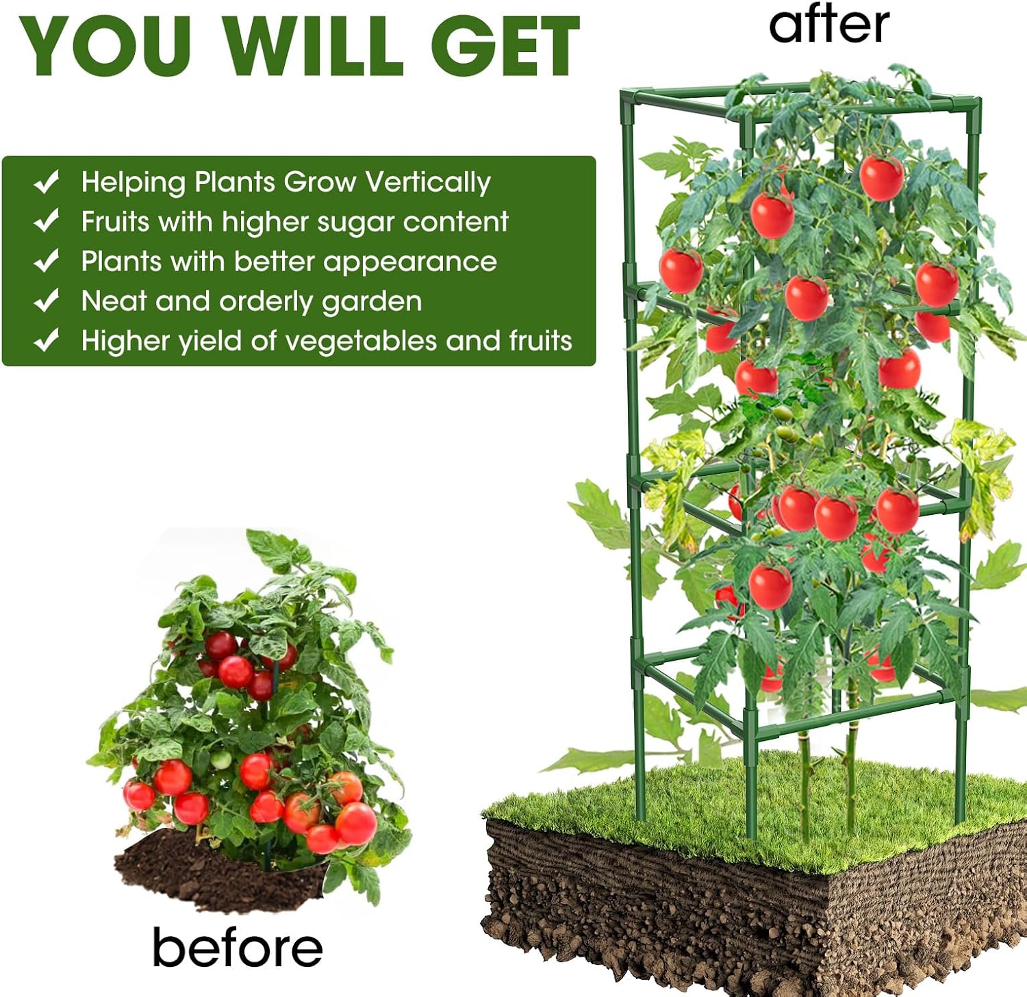 6 Pack Tomato Cages, 41.7" H Square Tomato Plant Stakes Support Cages Trellis for Garden Climbing Vegetables Flowers Fruits,Extra Bold