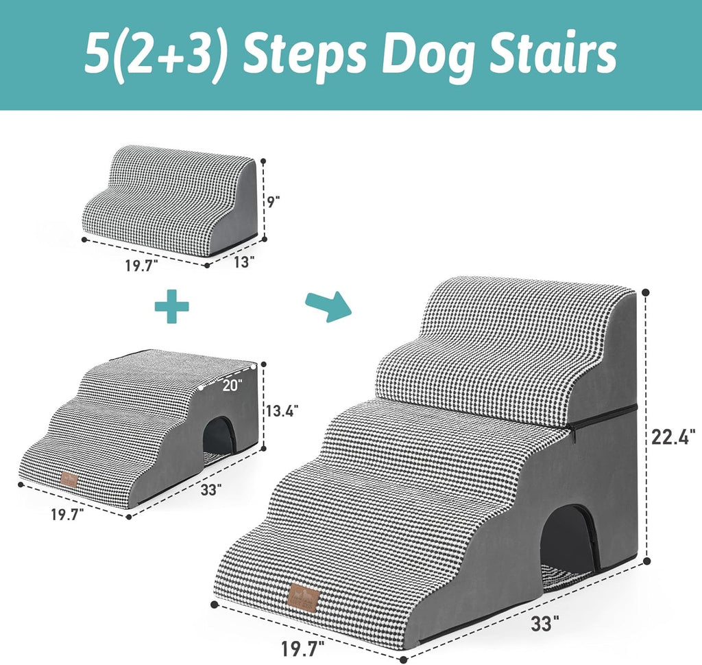 Wide Dog Stairs with Tunnel, Foam Detachable Large Dog Step for Small Pet, Puppy or Cats, Medium Pet Ramp for High Bed, Couch, Sofa or Car, 19.7x33x22.4 inch, 5 Step, White Black