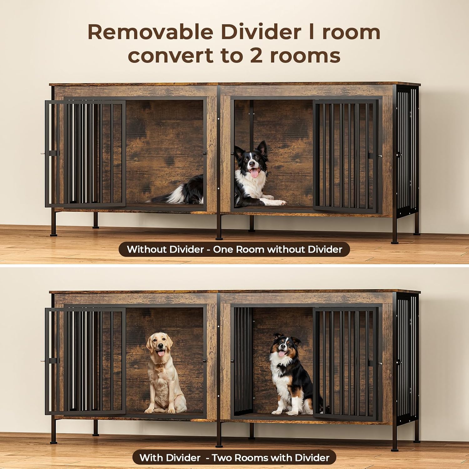 63 in Dog Crate Furniture for 2 Large/Medium Dogs with Removable Divider, Extra Large Double Doors Dog Kennel, XXL Thick Wooden Dog Cage Furniture,Sturdy and Durable, Brown