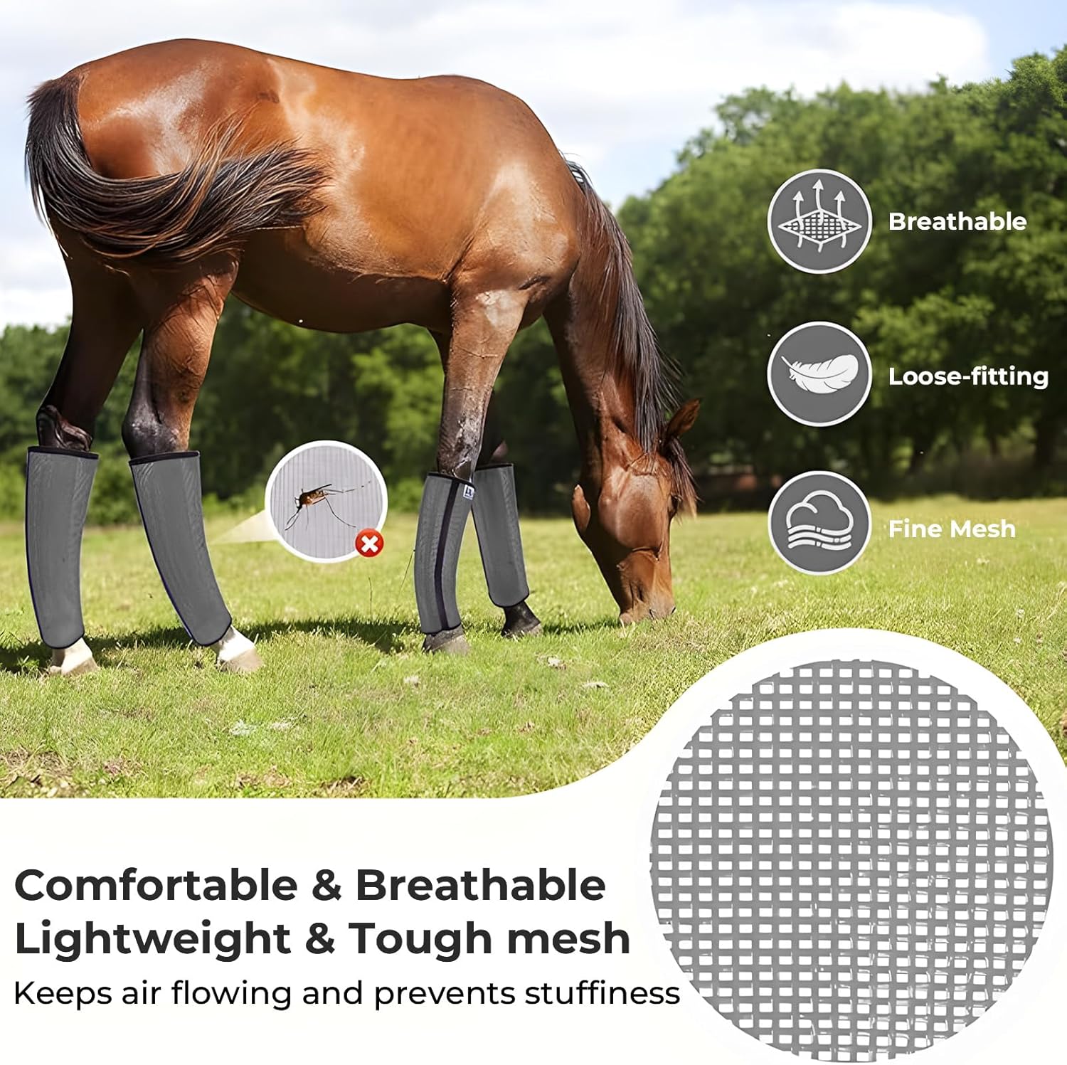 Mesh Horse Fly Boots Set of 4，Adjustable and Universal Loose Fitting & Non-Slip Horse Fly Leggings for Horses,Reduce Stressful Stomping (Grey)