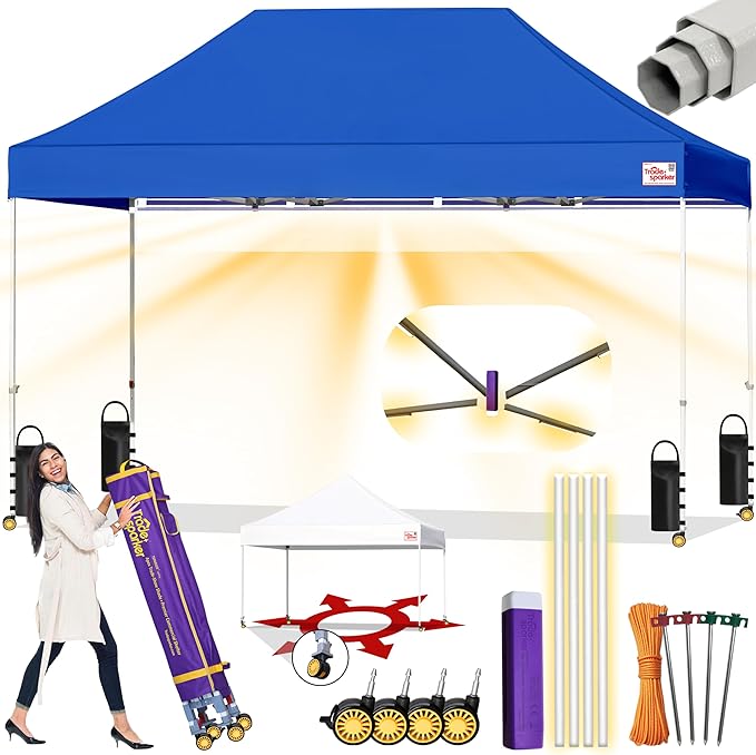 Tradesparker 10x15 Pop Up Canopy Tent,Commercial Movable Canopy with ApexCore LED & Rugged Casters-Instant Easy Setup Shelter Canopies with Weight Bags & Stakes for Oudoor Events Markets Vendors,Blue