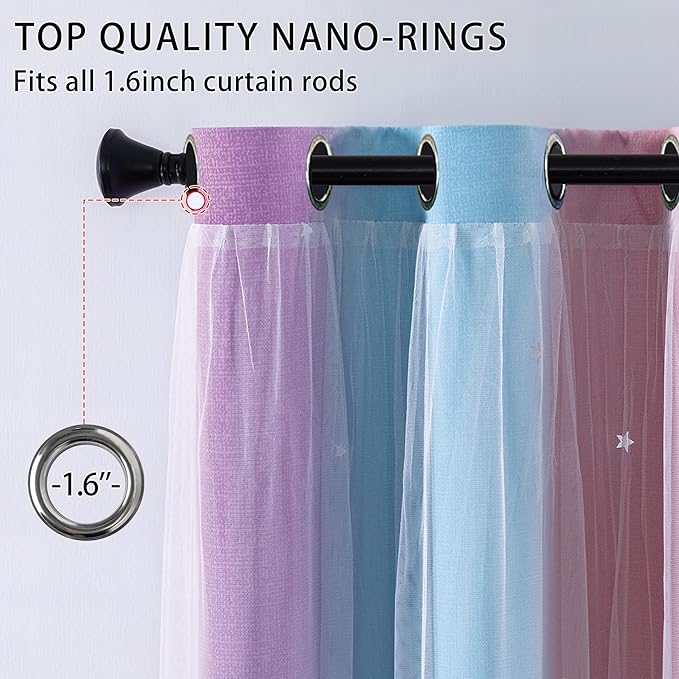 XiDi Rainbow Curtains for Girls Bedroom Double Layer Blackout Curtains Grommets Top Star Cutout Ombre Window Drapes with Sheer for Living Room Kids Nursery 2 Panels 42x63 Inch Length, Pink Purle