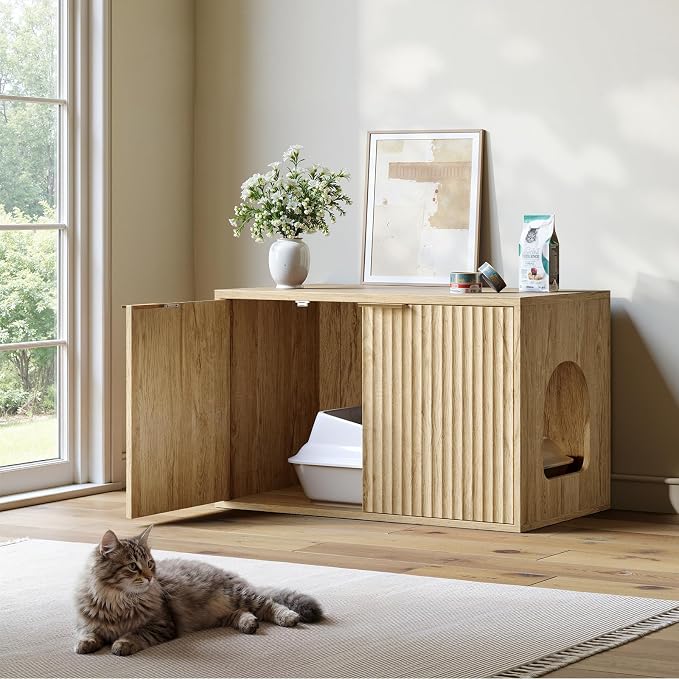 Evermagin 31.5" Oak Cat Litter Box Enclosure Furniture, Large Hidden Litter Box - Image 6